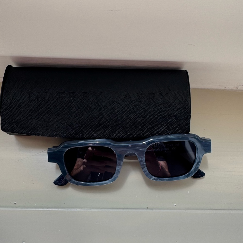 THIERRY LASRY Gray-Blue Marbled Rectangular Sungl… - image 1